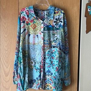 Johnny Was XXL bohemian silk floral button down top blouse flowy lighweight EUC